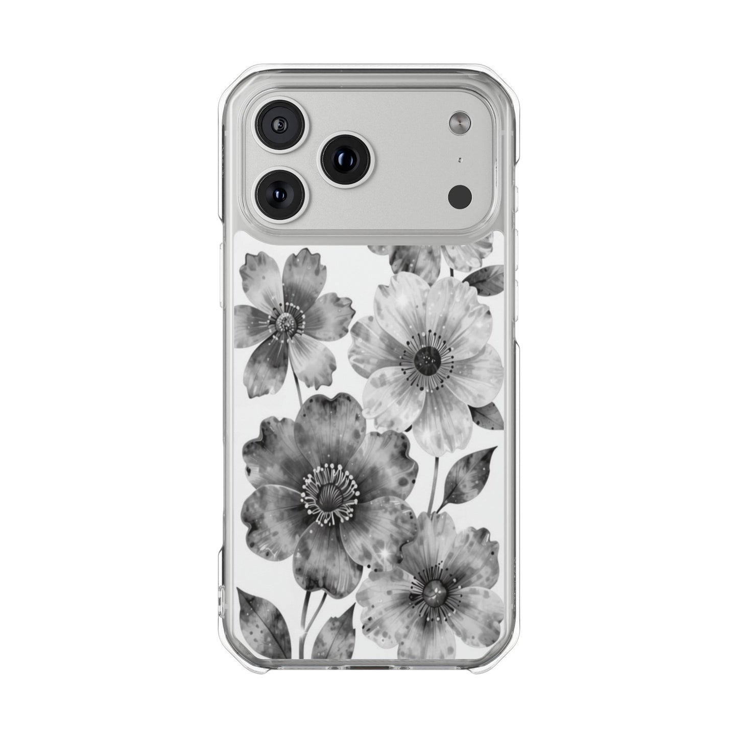 Clear Magnetic Phone Case — Black & White Watercolor Floral Design
