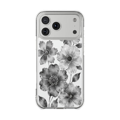 Clear Magnetic Phone Case — Black & White Watercolor Floral Design