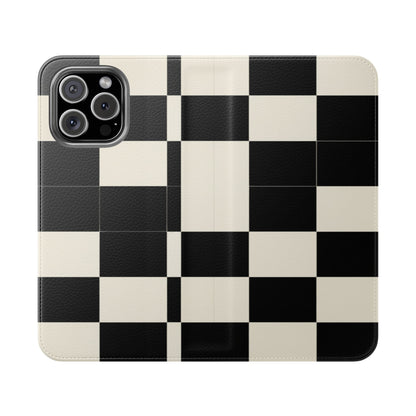 Checkered Flip Phone Case – Black & Cream Retro Grid Wallet Case