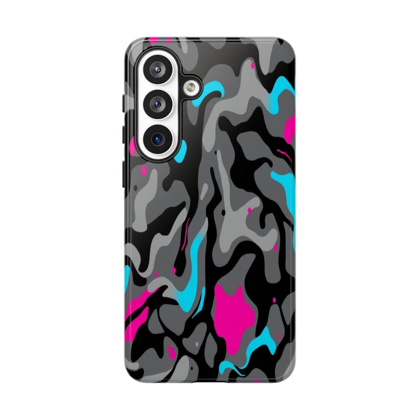 Camouflage Phone Case — Gray Camo with Neon Pink & Cyan Accent Tough Protective Cover
