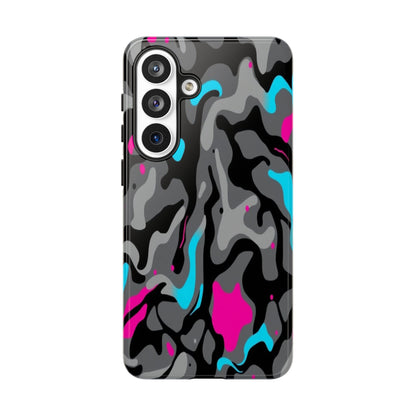 Camouflage Phone Case — Gray Camo with Neon Pink & Cyan Accent Tough Protective Cover