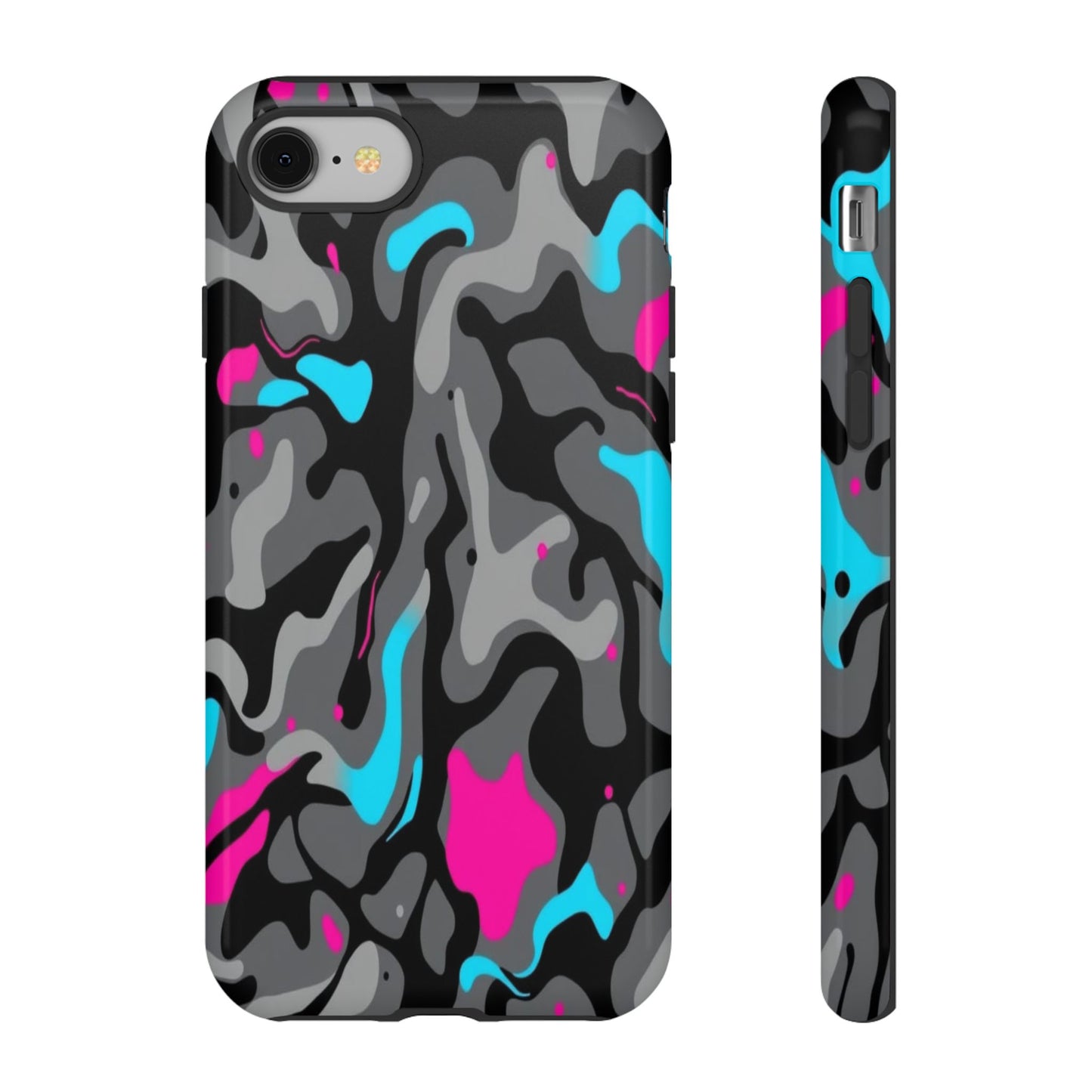 Camouflage Phone Case — Gray Camo with Neon Pink & Cyan Accent Tough Protective Cover