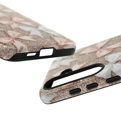 Glitter Bow Tough Phone Case — Pink & White Ribbon Protective Cover