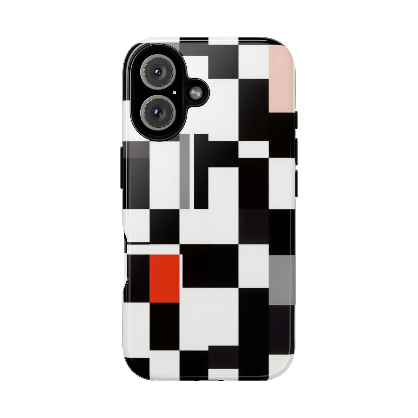 Abstract Geometric Phone Case – Black & White Checker Grid with Red Accent
