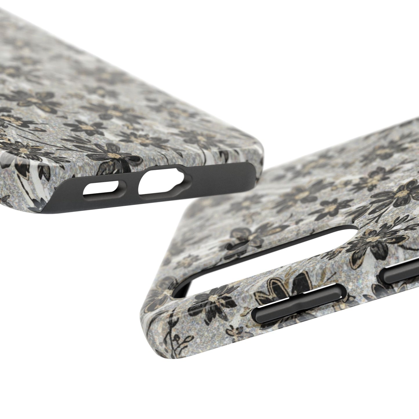 Floral Vintage Tough Phone Case — Black & Gray Rustic Flower Protective Case