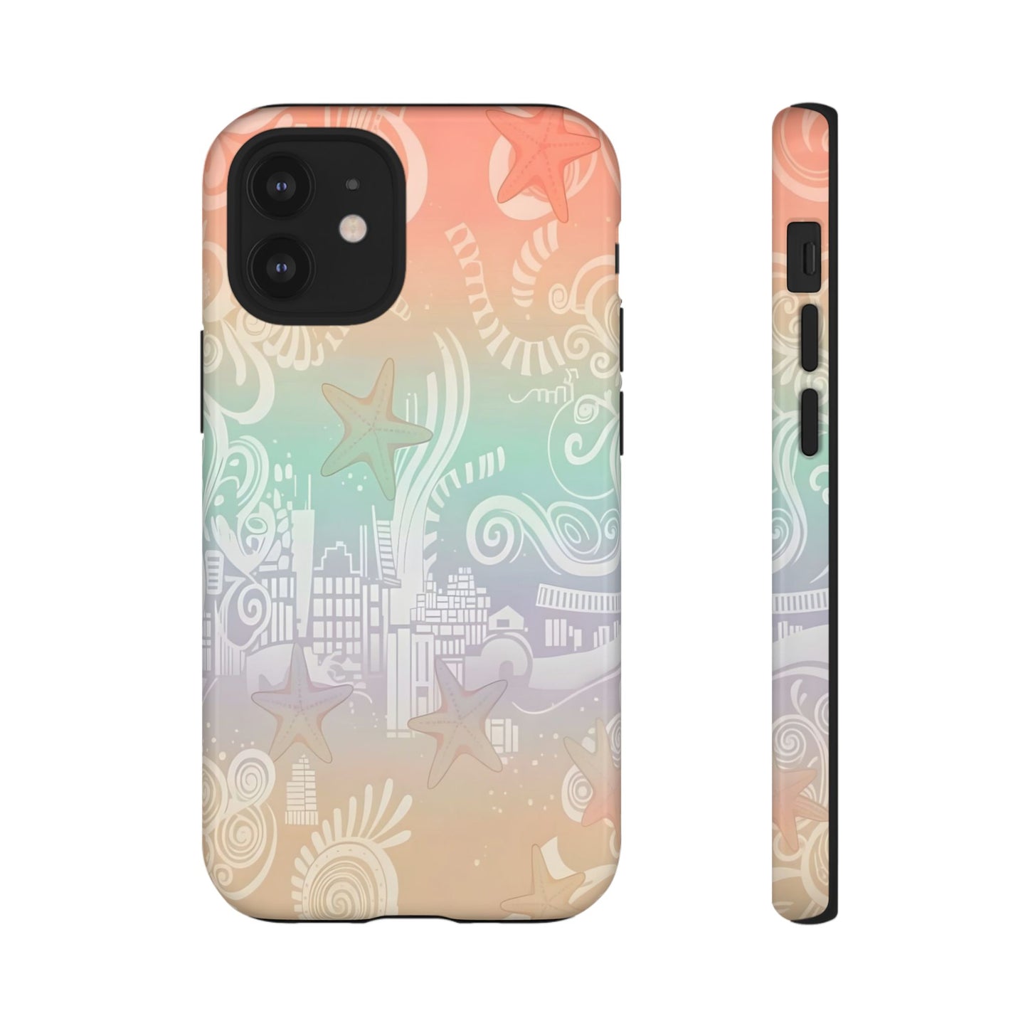 Tough Cases: Pastel Beach Pattern Phone Case — Starfish & Coastal Cityscape Protective Cover