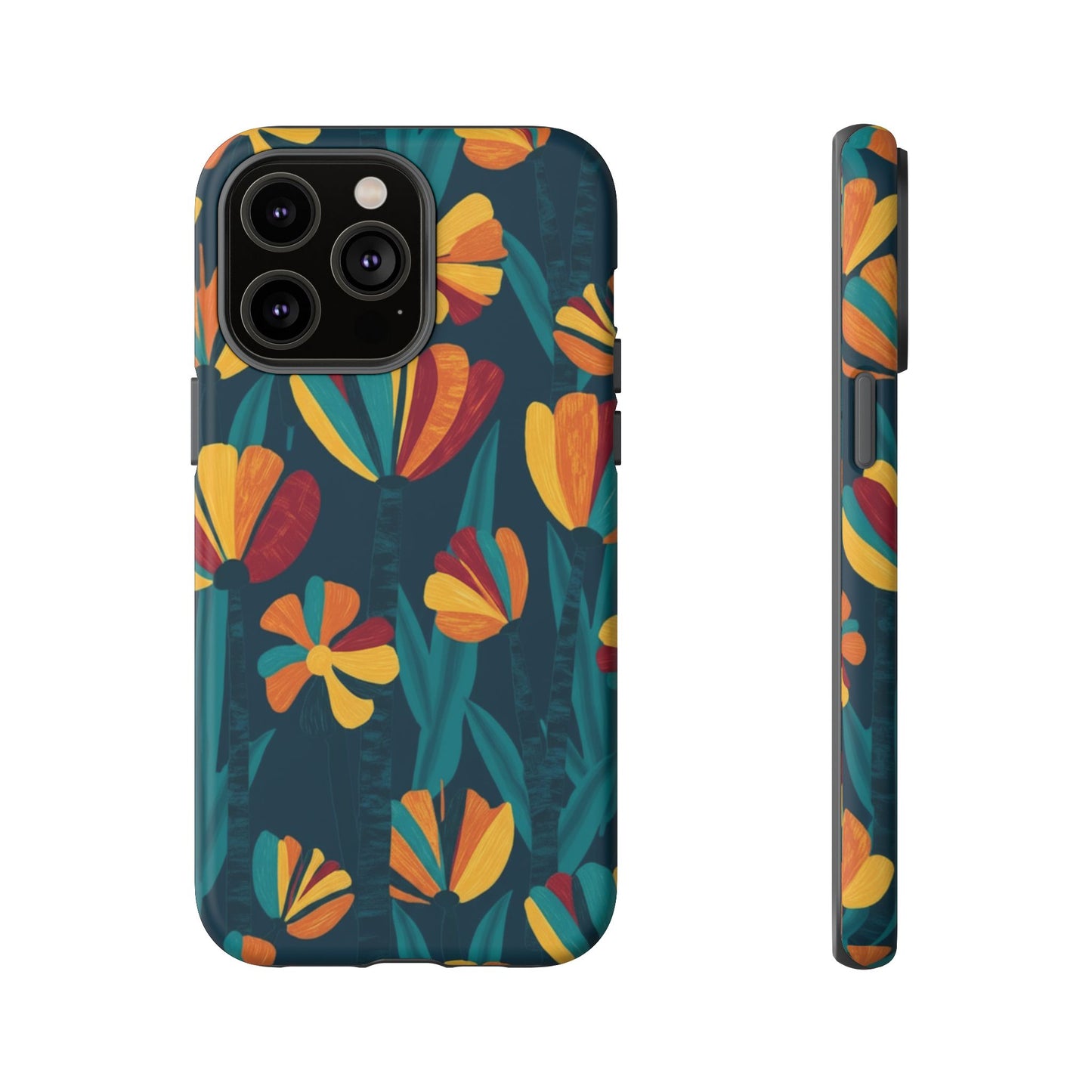 Floral Retro Teal Tough Phone Case — Vibrant Orange & Mustard Blooms