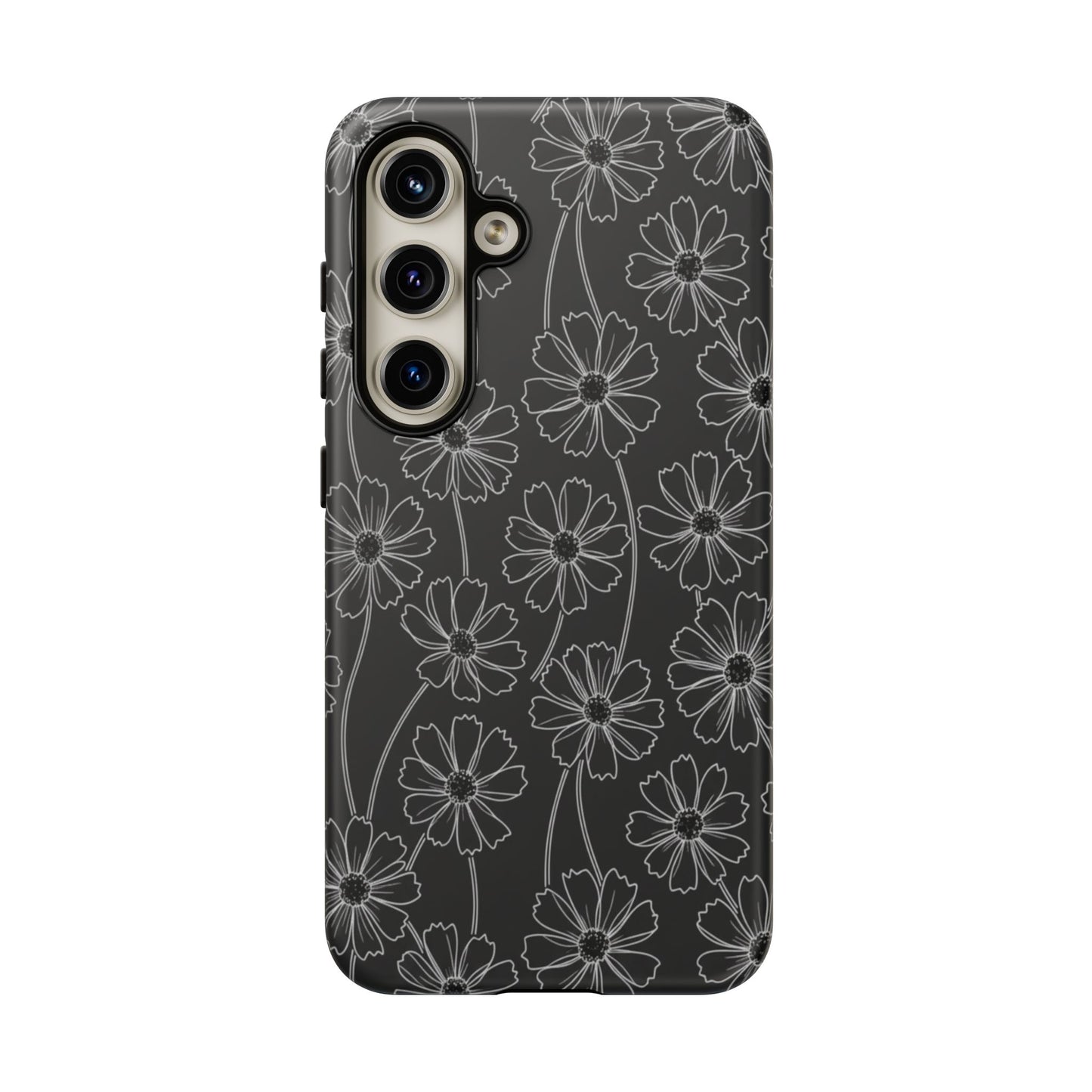 Floral Doodle Tough Phone Case — Black & Gray Daisy Pattern