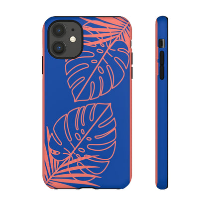 Tropical Monstera Phone Case — Blue & Coral Leaf Protective Cover