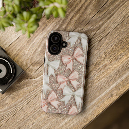 Glitter Bow Tough Phone Case — Pink & White Ribbon Protective Cover