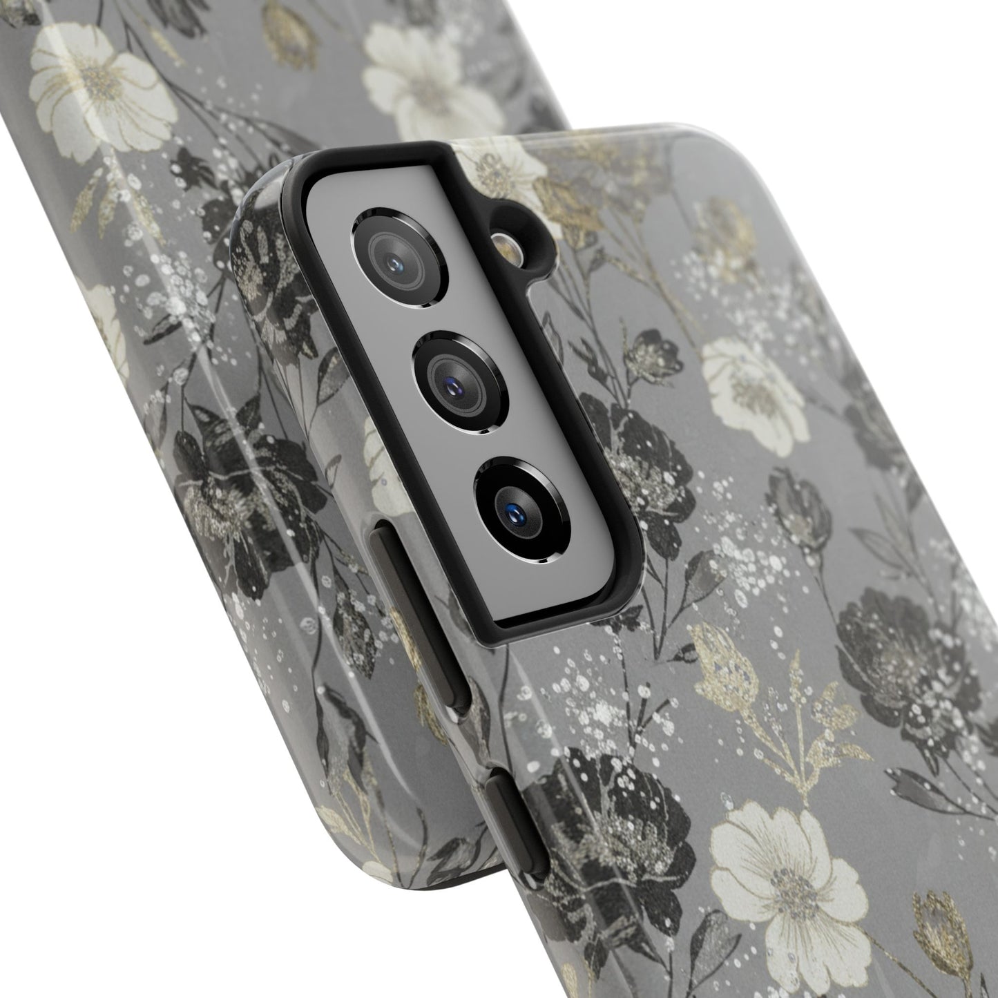 Floral Gray Tough Phone Case — Elegant Protective Phone Cover with Gold Accent