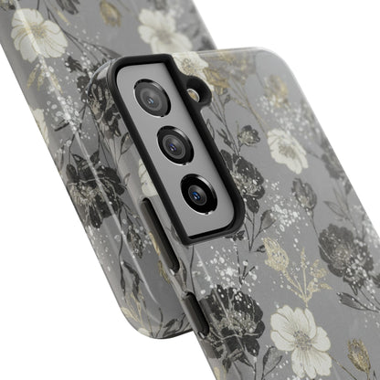 Floral Gray Tough Phone Case — Elegant Protective Phone Cover with Gold Accent