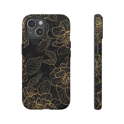 Floral Gold Outline Tough Phone Case – Black Botanical Protective Cover