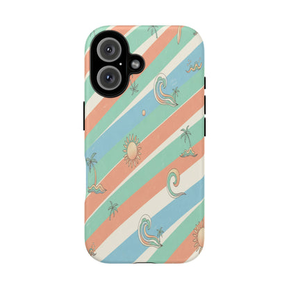 Retro Beach Stripes Phone Case — Sun, Waves & Palm Pattern Tough Case