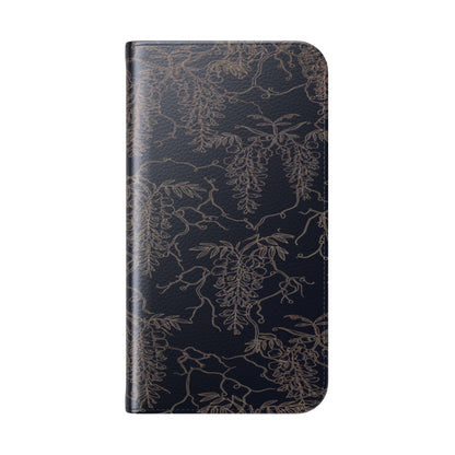 Botanical Noir Flip Phone Case — Dark Floral Wallet Cover with Card Slots