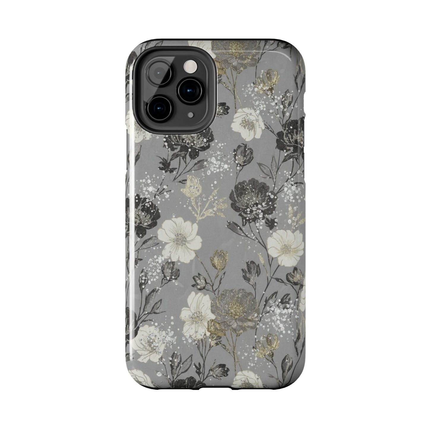 Floral Gray Tough Phone Case — Elegant Protective Phone Cover with Gold Accent