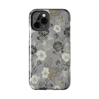 Floral Gray Tough Phone Case — Elegant Protective Phone Cover with Gold Accent