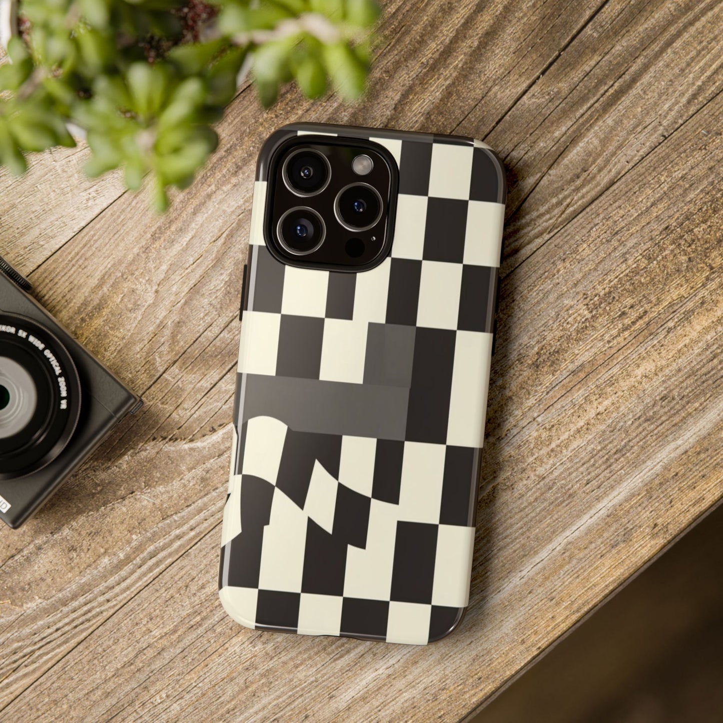 Checkerboard Wave Phone Case — Black & Cream Graphic Tough Case