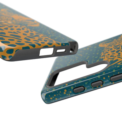 Leopard Print Tough Phone Case — Gold Panther on Teal, Protective iPhone Cover