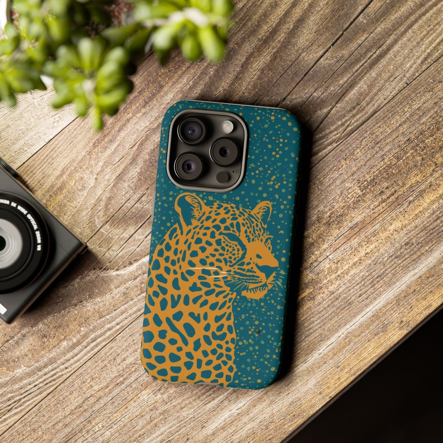 Leopard Spotlight Phone Case — Teal Gold Animal Print Protective Cover