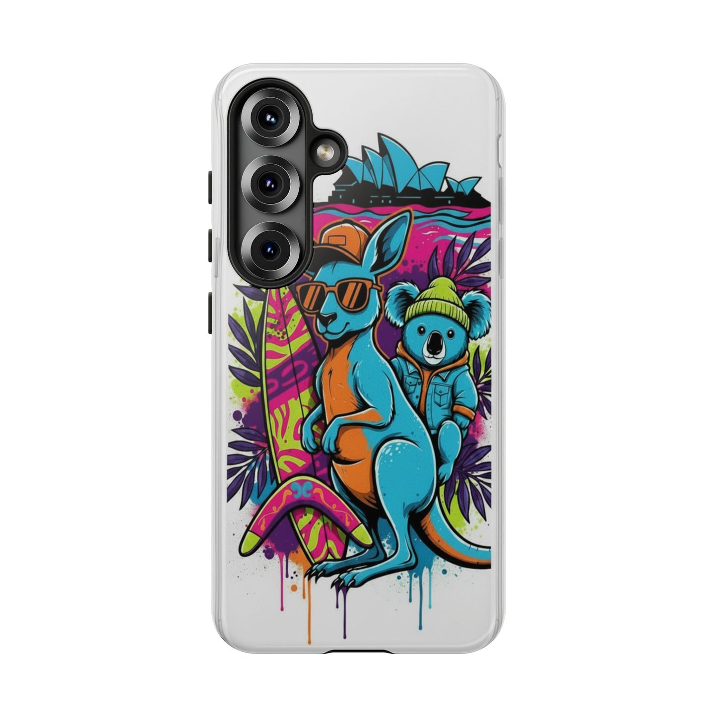 Kangaroo & Koala Surf Phone Case — Retro Neon Beach Art Tough Case