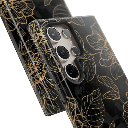 Floral Gold Outline Tough Phone Case – Black Botanical Protective Cover