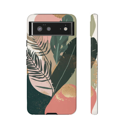 Tropical Leaf Tough Phone Case — Abstract Pink & Green Botanical Protective Cover