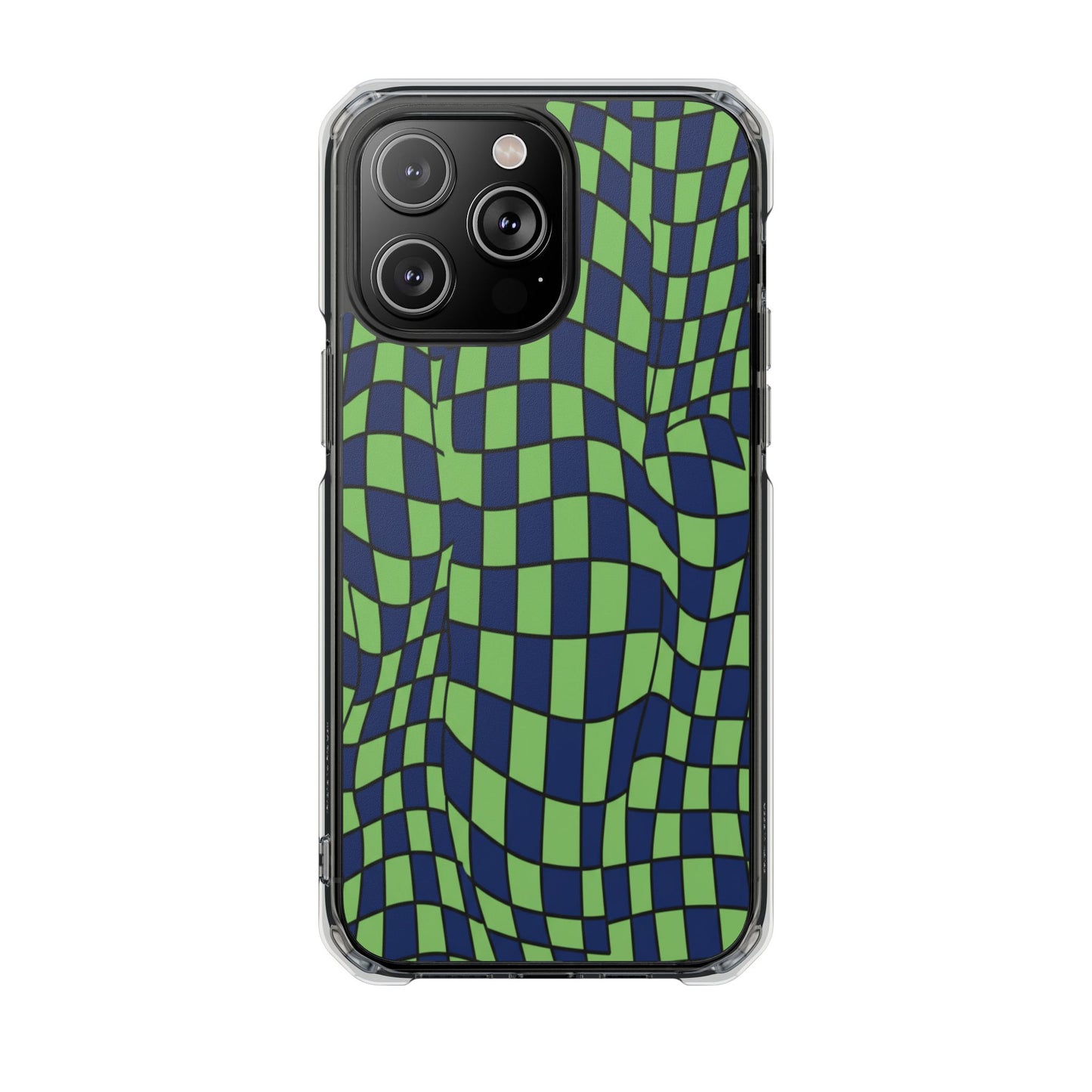 Clear Magnetic Phone Case — Green Distorted Checkerboard Design