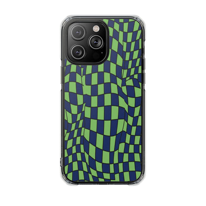 Clear Magnetic Phone Case — Green Distorted Checkerboard Design