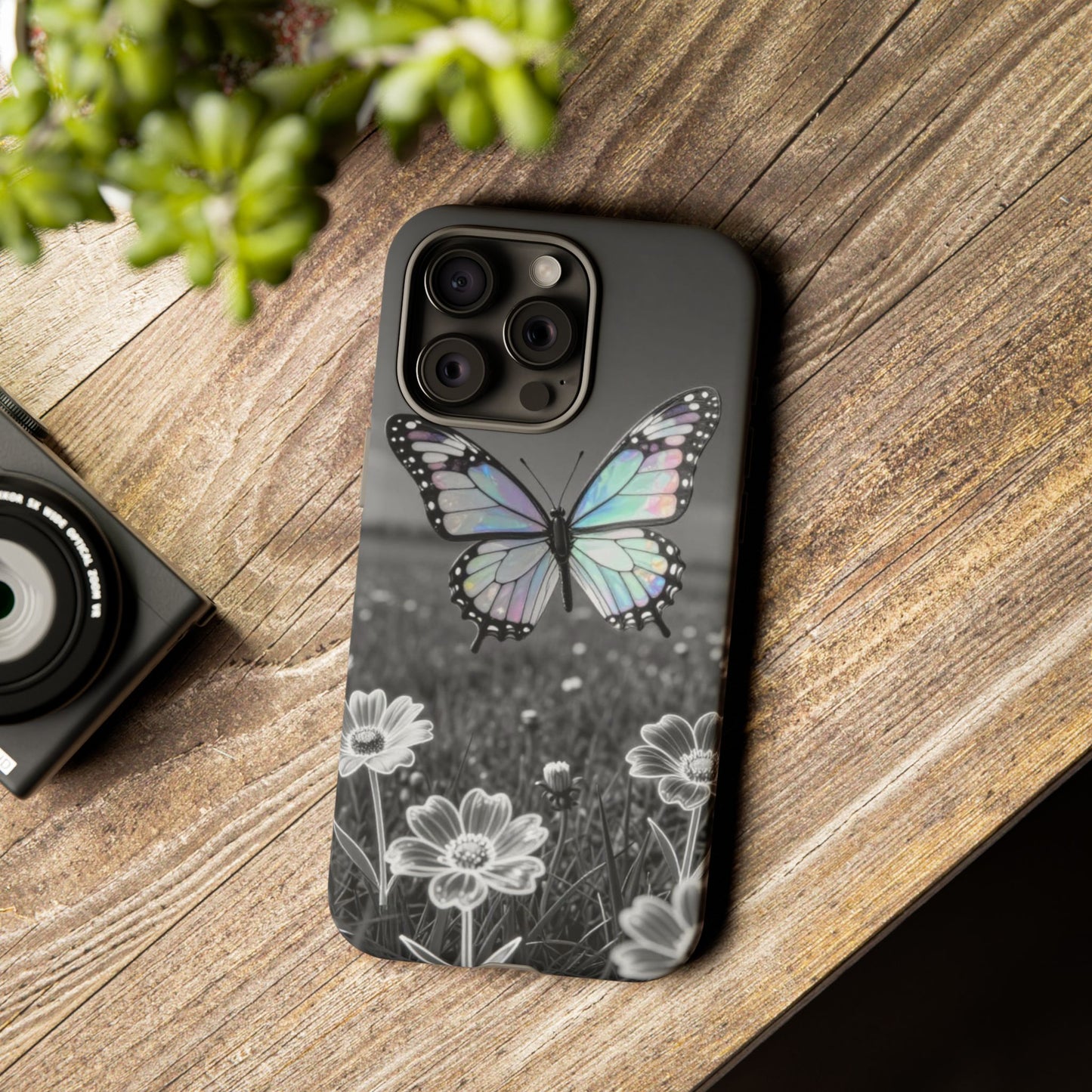 Butterfly Field Tough Phone Case — Pastel Holographic Butterfly on Black & White Floral Background