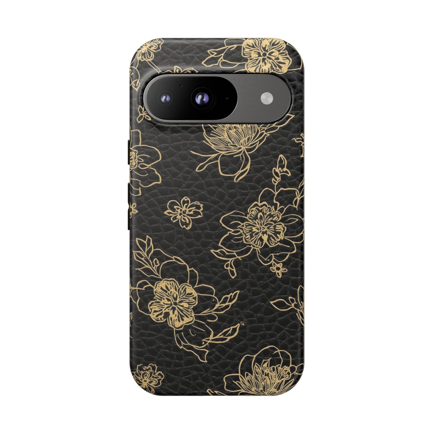 Floral Leather Phone Case — Gold Outline Flowers on Black Tough Case