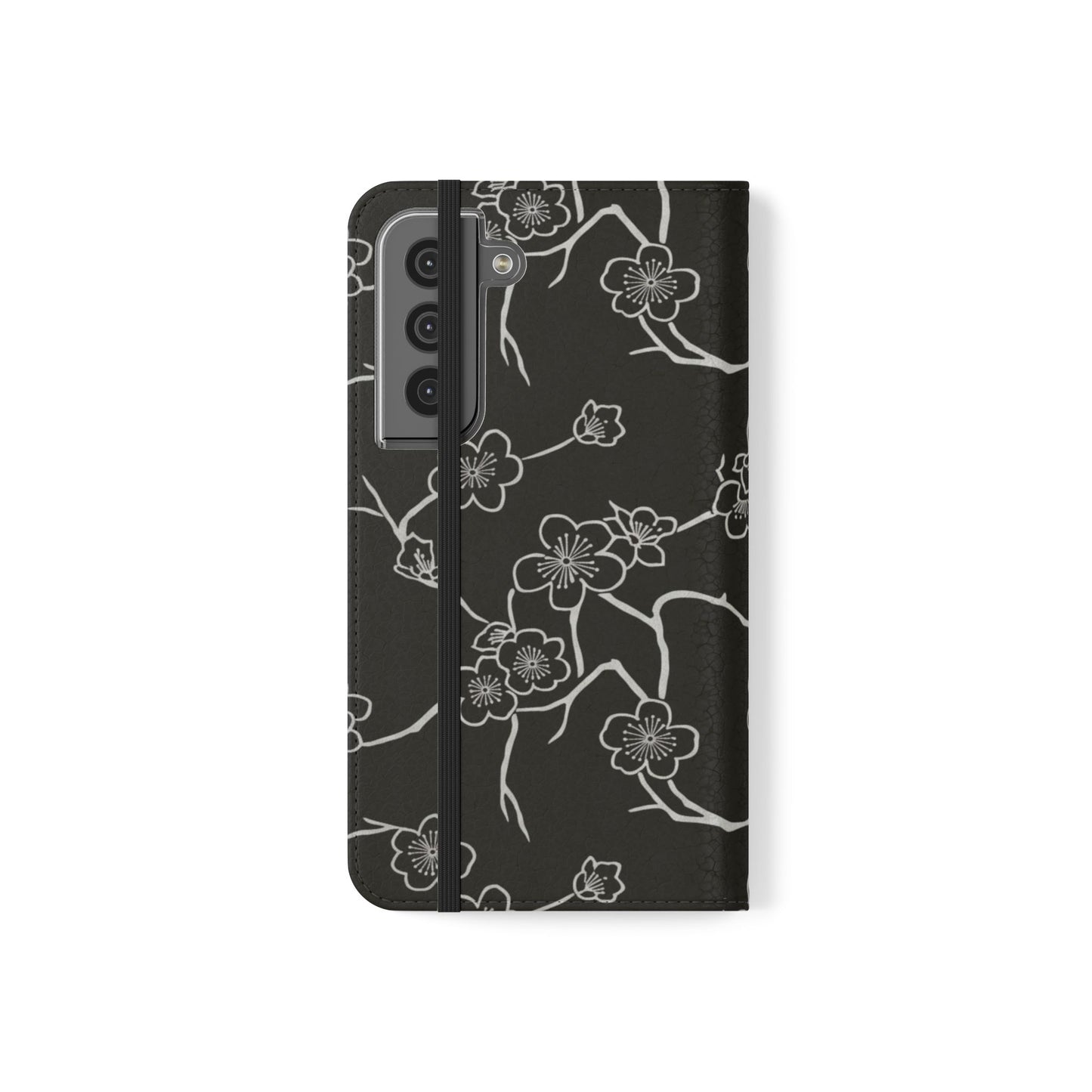 Black Cherry Blossom Flip Phone Case – Floral Wallet Flip Case with Card Slots