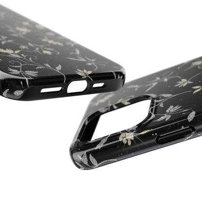 Floral Noir Tough Phone Case — Vintage Black Botanical Protective Cover