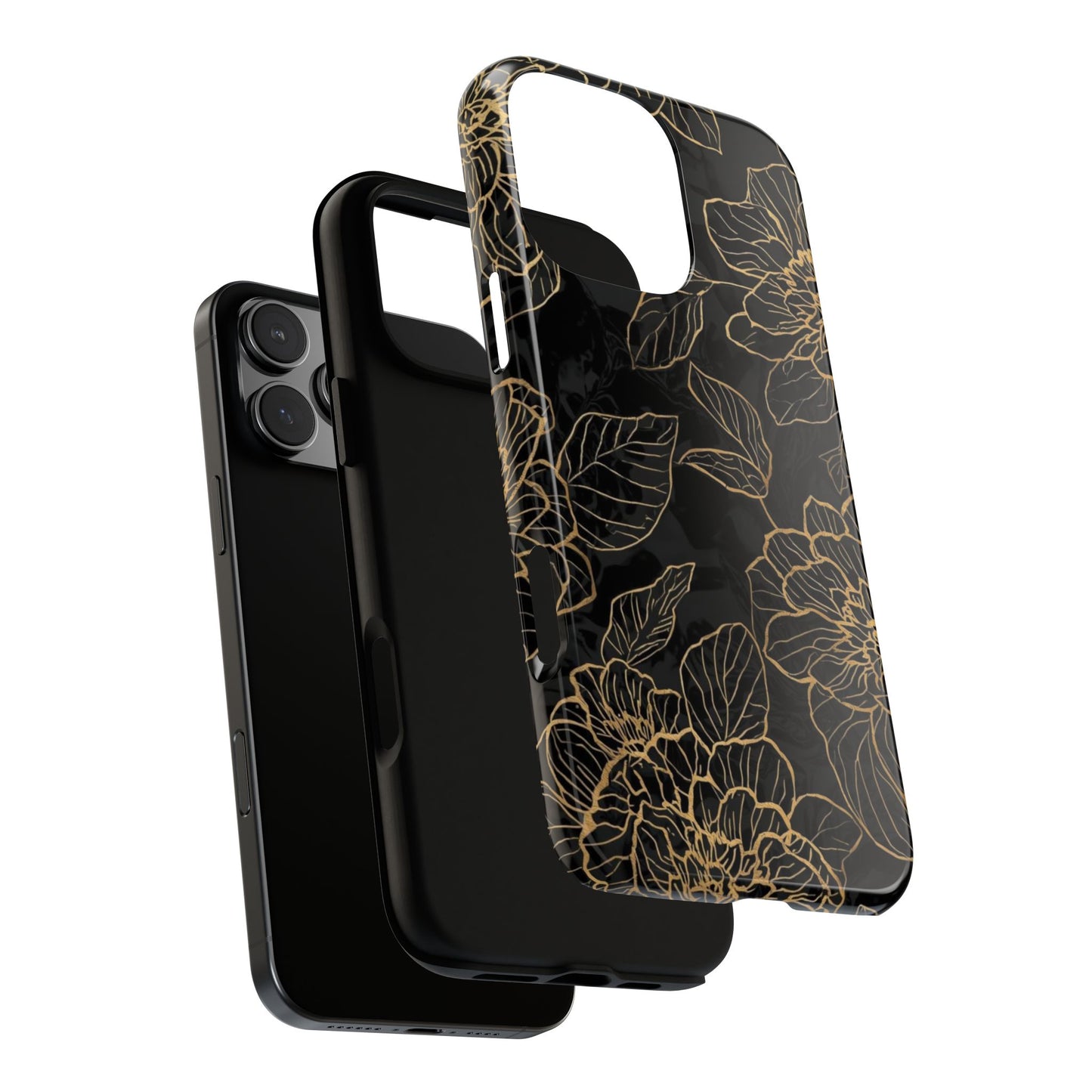 Floral Gold Outline Tough Phone Case – Black Botanical Protective Cover