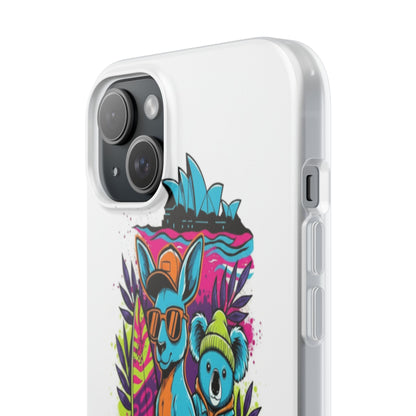 Kangaroo & Koala Surf Phone Case — Neon Aussie Beach Vibes Flexible Case