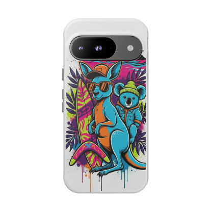 Kangaroo & Koala Surf Phone Case — Retro Neon Beach Art Tough Case