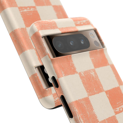 Peach Checkerboard Tough Phone Case — Retro Distressed Grid Design
