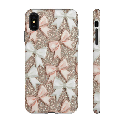 Glitter Bow Tough Phone Case — Pink & White Ribbon Protective Cover
