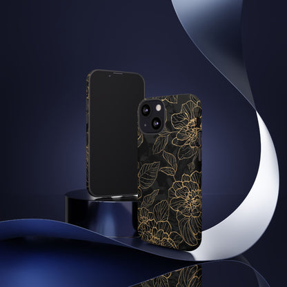 Floral Gold Outline Tough Phone Case – Black Botanical Protective Cover