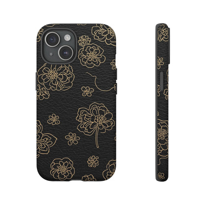 Floral Leather-Texture Tough Case – Black Gold Outline Phone Cover
