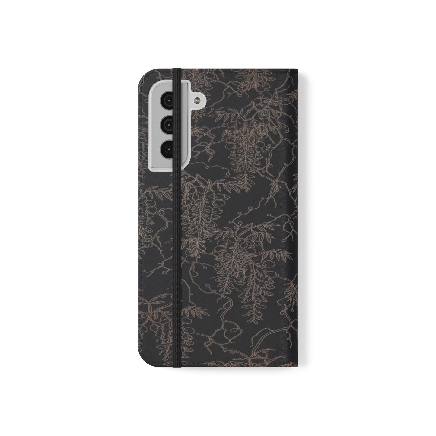Botanical Noir Flip Phone Case — Dark Floral Wallet Cover with Card Slots