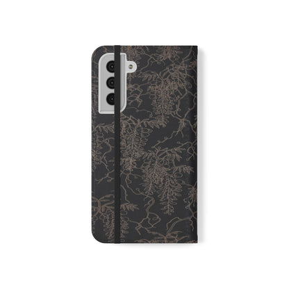 Botanical Noir Flip Phone Case — Dark Floral Wallet Cover with Card Slots
