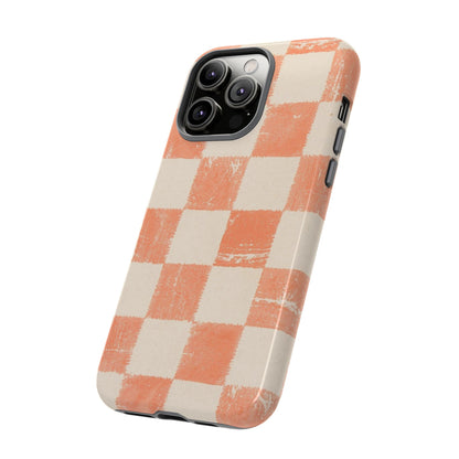 Peach Checkerboard Tough Phone Case — Retro Distressed Grid Design
