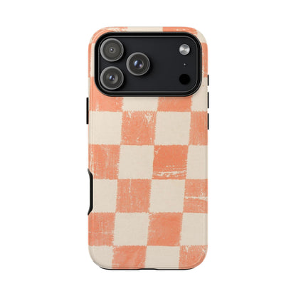 Peach Checkerboard Tough Phone Case — Retro Distressed Grid Design