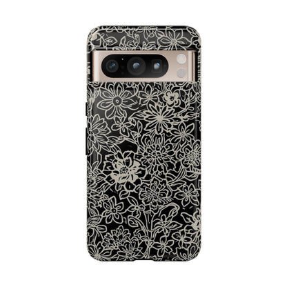 Floral Doodle Tough Phone Case — Black & White Sketch Flower Protective Cover