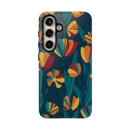 Floral Retro Teal Tough Phone Case — Vibrant Orange & Mustard Blooms