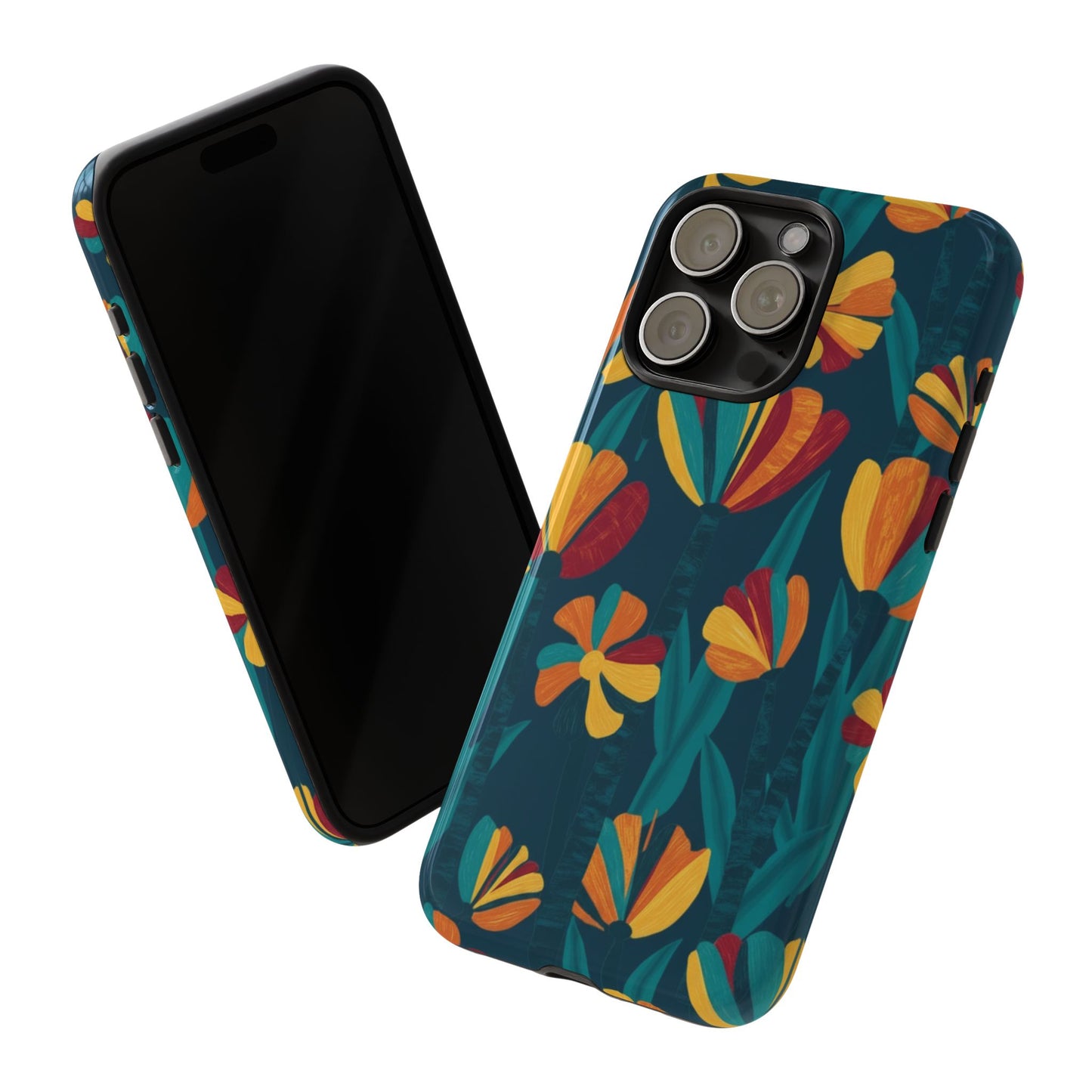 Floral Retro Teal Tough Phone Case — Vibrant Orange & Mustard Blooms