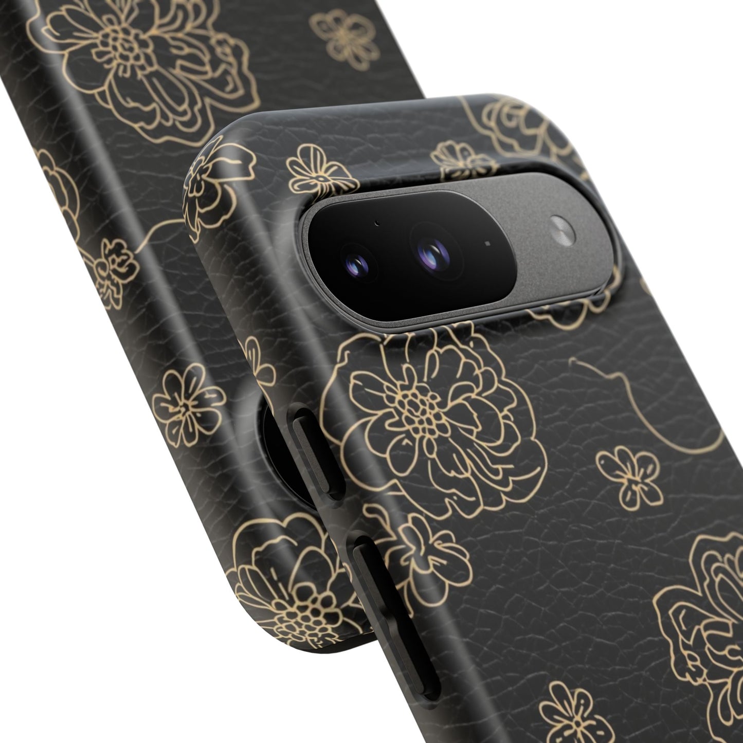 Floral Leather-Texture Tough Case – Black Gold Outline Phone Cover