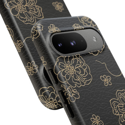 Floral Leather-Texture Tough Case – Black Gold Outline Phone Cover