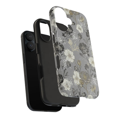Floral Gray Tough Phone Case — Elegant Protective Phone Cover with Gold Accent